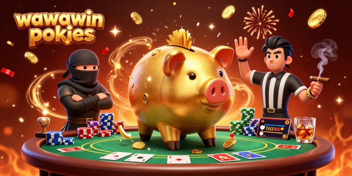 Experience thrilling wawawin pokies action with an energetic scene of a golden piggy bank sumo wrestler and friends.
