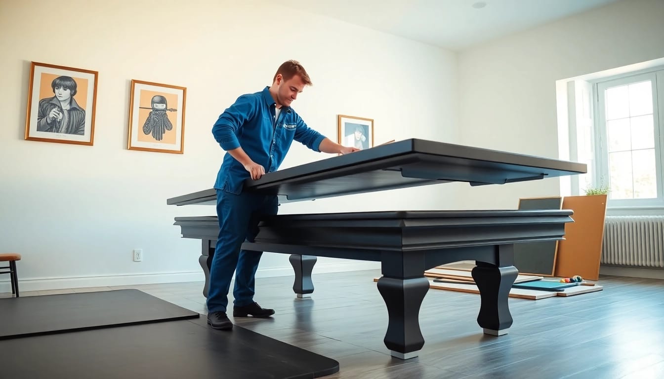 Pool table mover expertly disassembling a slate table in a bright, orderly environment.