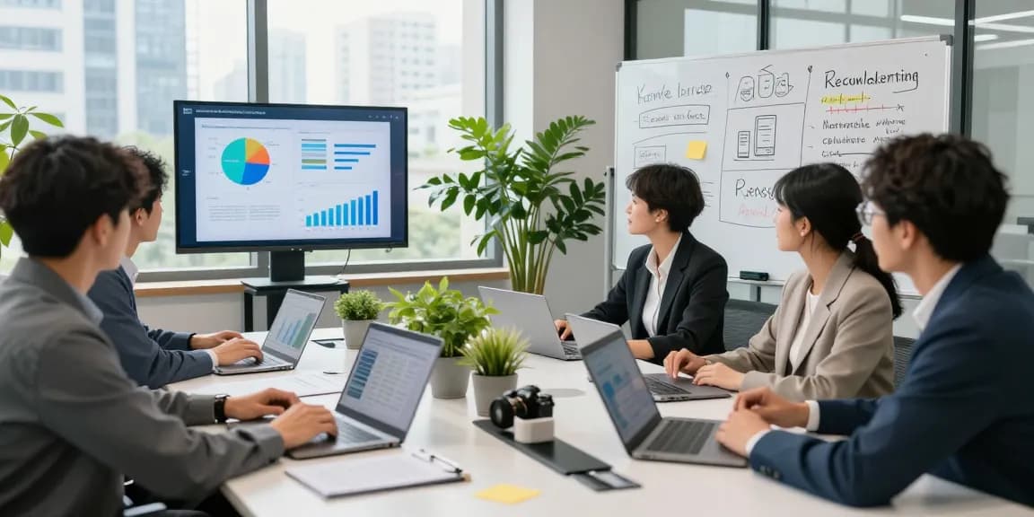 Buy app installs strategy session with diverse marketing team in a modern office.