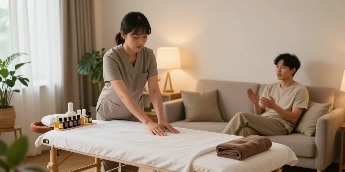 하남출장안마 service with a professional therapist preparing oils in a tranquil home setting.