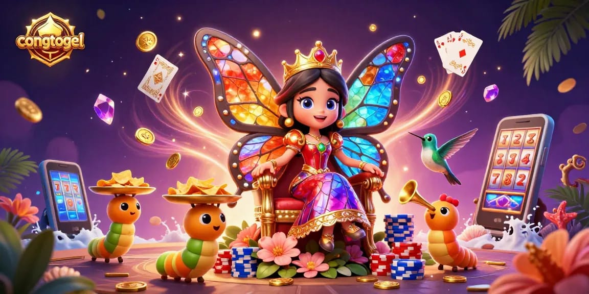 Engage with congtogel's vibrant casino realm featuring a butterfly queen and dynamic gaming elements.