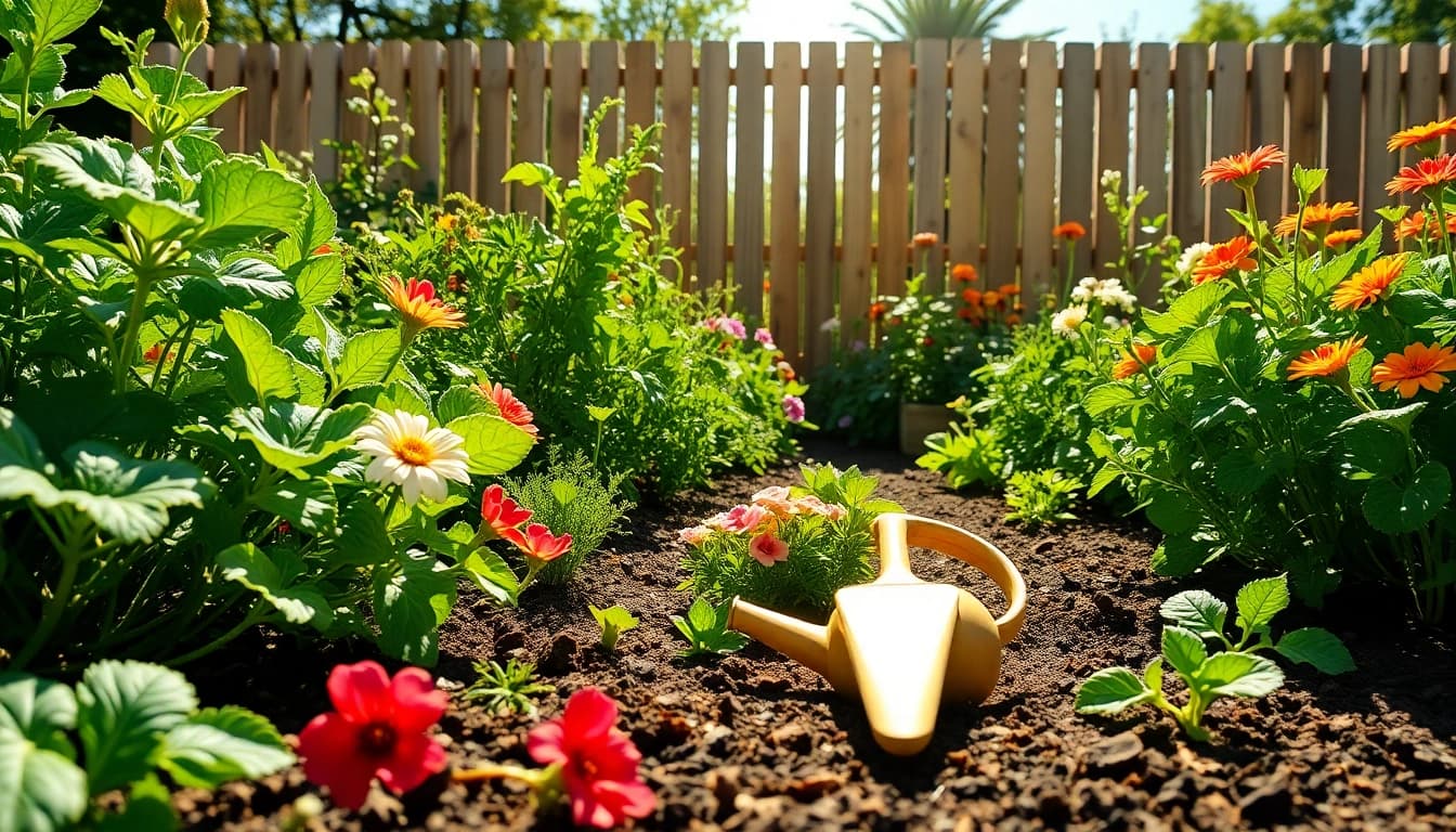Gardening scene with vibrant plants, tools, and a colorful garden atmosphere.