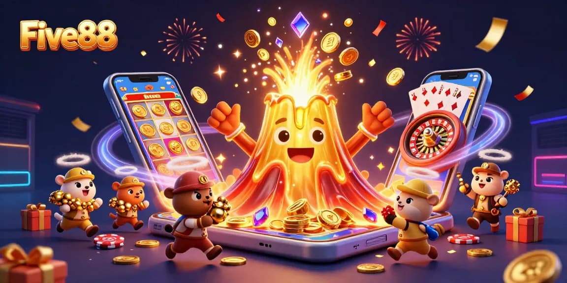 Five88 captures the excitement with a triumphant golden volcano erupting coins amidst vibrant casino elements.