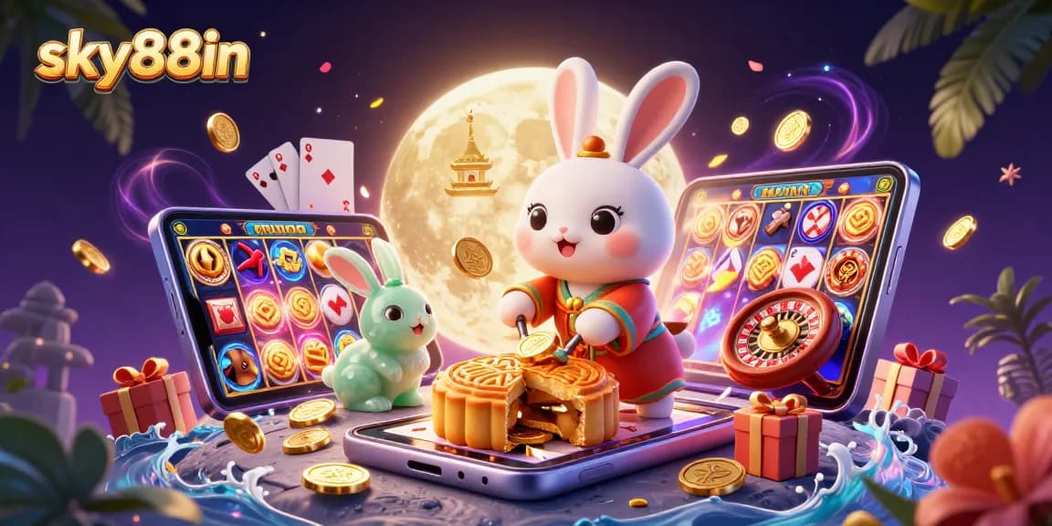 Experience the enchanting sky88in casino adventure with a vibrant moon rabbit scene filled with poker chips and gaming elements.