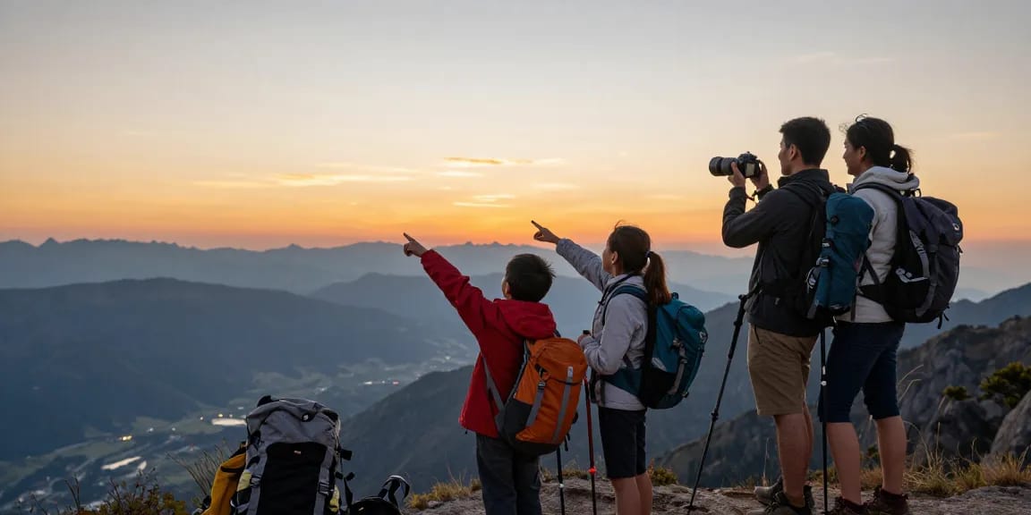 Family adventure at a mountain peak showcasing the mantra88 lifestyle of outdoor exploration and togetherness.