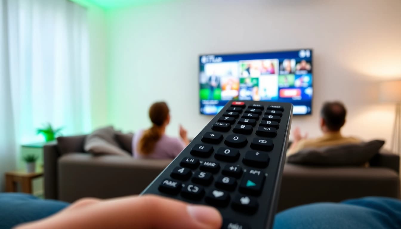 Experience FREE IPTV Trial with a modern setup featuring a vibrant screen and sleek remote.