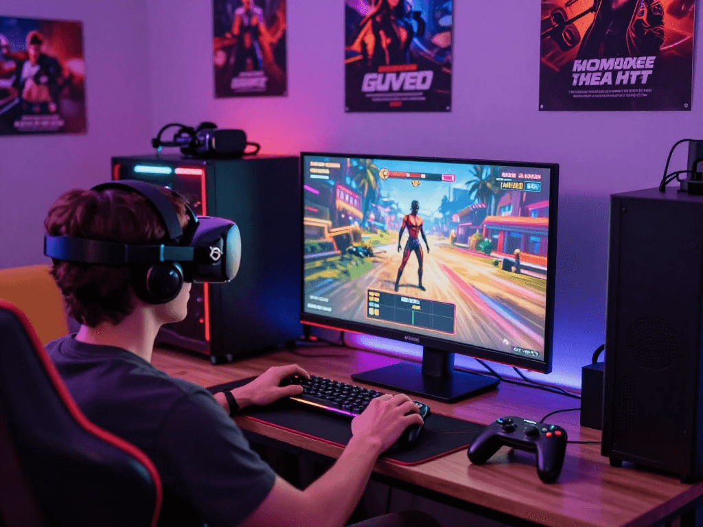 A person playing a real sex game in a vibrant adult gaming setup with LED lights and high-tech accessories.