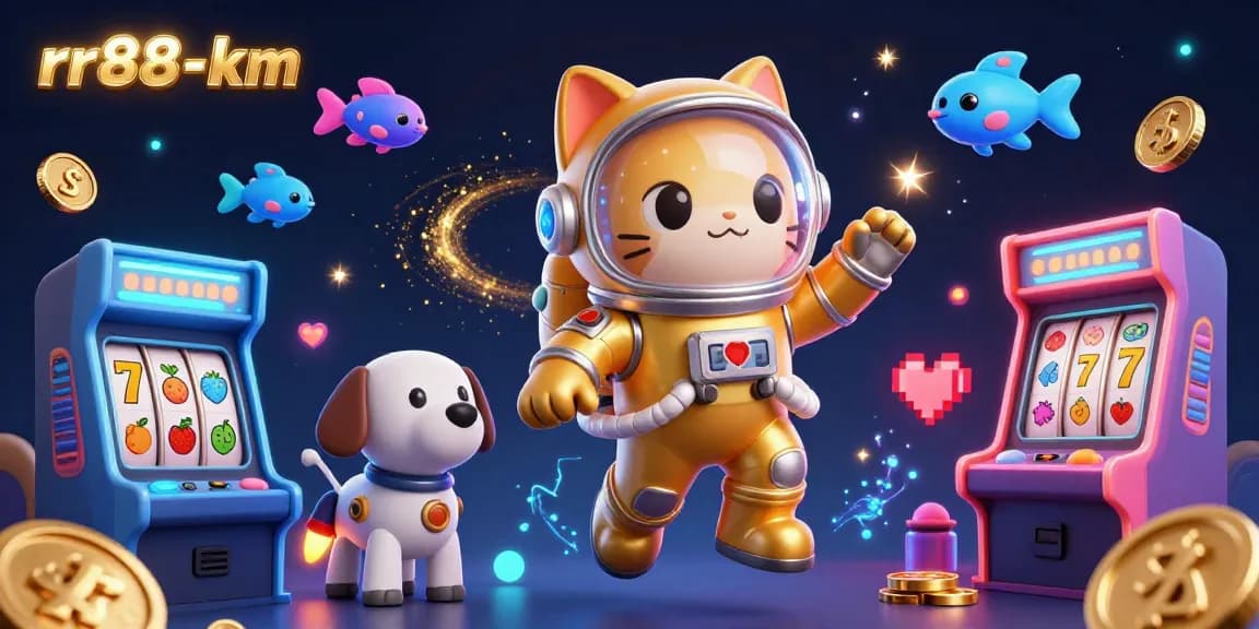 Engage with rr88-km's vibrant casino world featuring a golden astronaut cat and game elements.