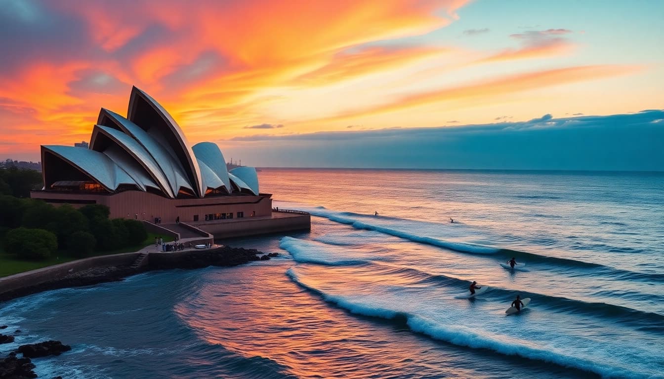 Experience Australia's vibrant coastal life with the iconic Sydney Opera House at sunset.