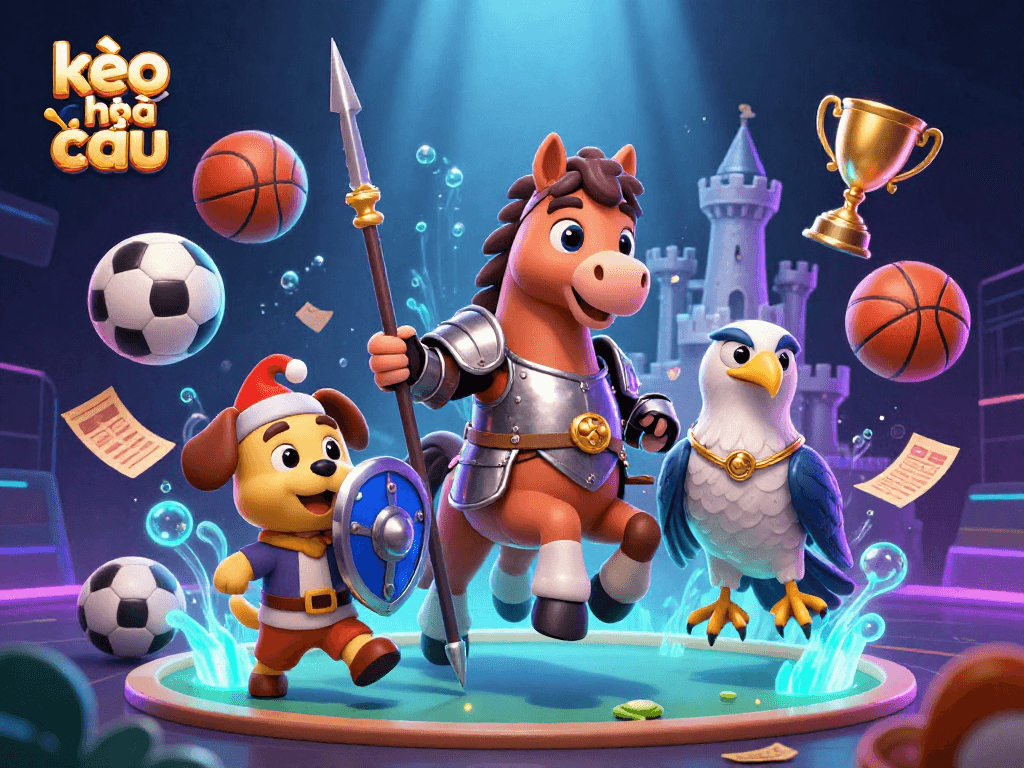 Engage in thrilling kèo nhà cái sports betting with dynamic characters and vibrant elements in this rich illustration.