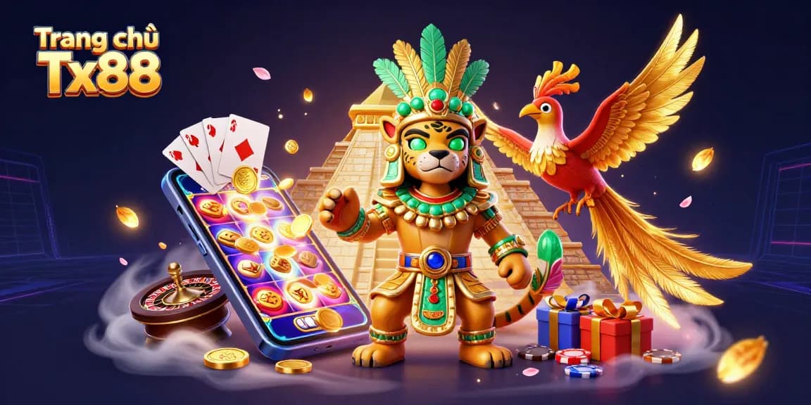 Engage in fun with Trang chủ Tx88's vibrant 3D game scene featuring a Mayan priest and lively gaming elements.