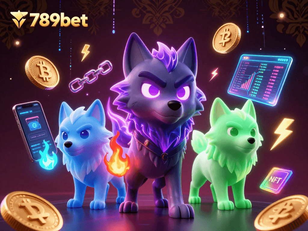 Join the excitement at 789bet with a dazzling scene featuring glowing cryptocurrency coins and ghostly wolves.