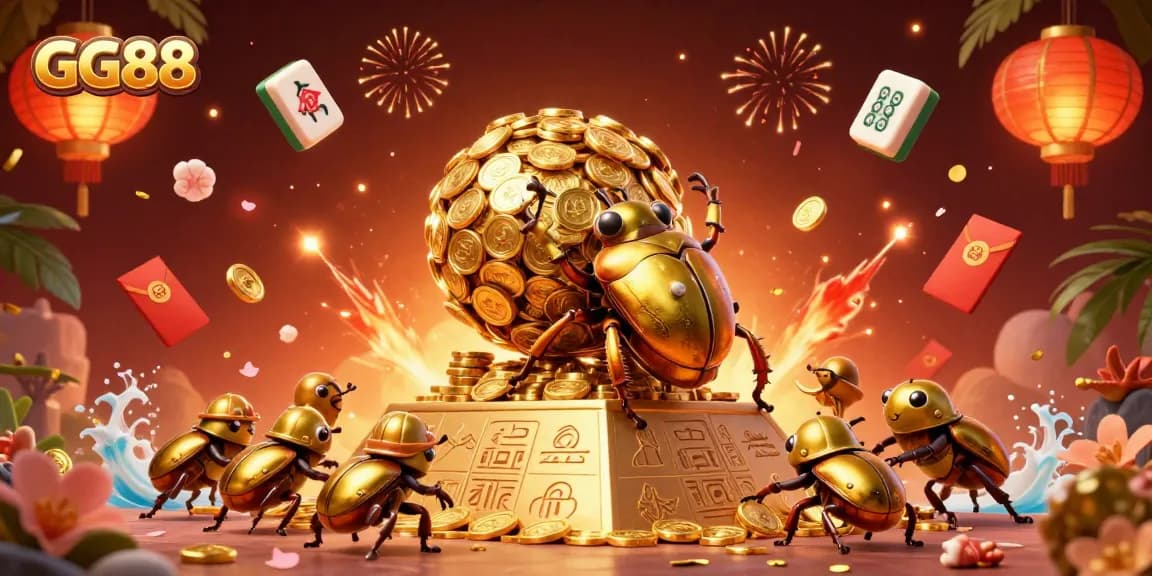 Experience the excitement of GG88 as a golden dung beetle rolls coins to victory in a vibrant casino scene.