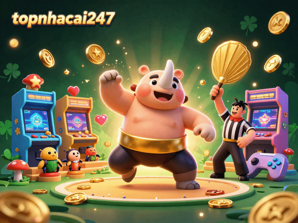 Engage with topnhacai247's energetic gaming scene featuring colorful arcade machines and lively characters.