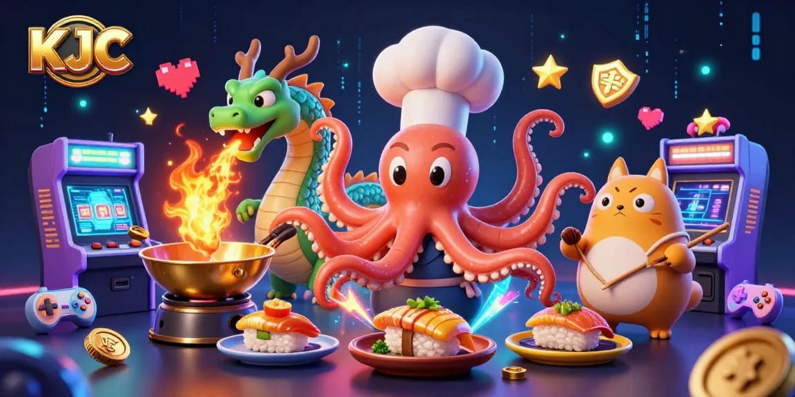 Experience the vibrant KJC gaming scene with a cartoon octopus chef, dragon, and arcade elements.