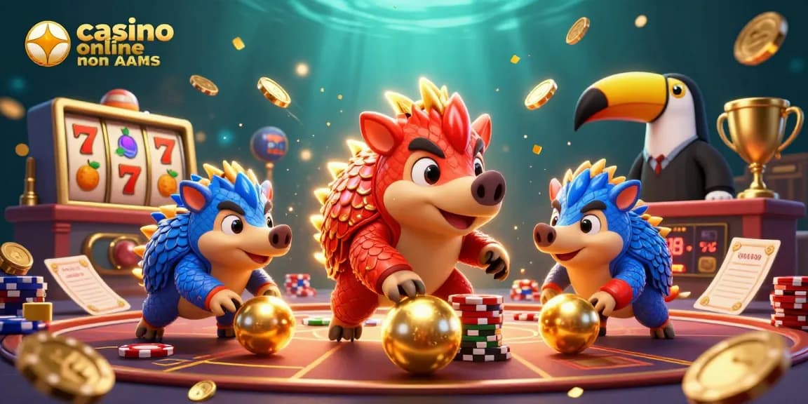 Giocare nei casino online non AAMS con slot e premi in un'illustrazione vivace e ricca di dettagli.