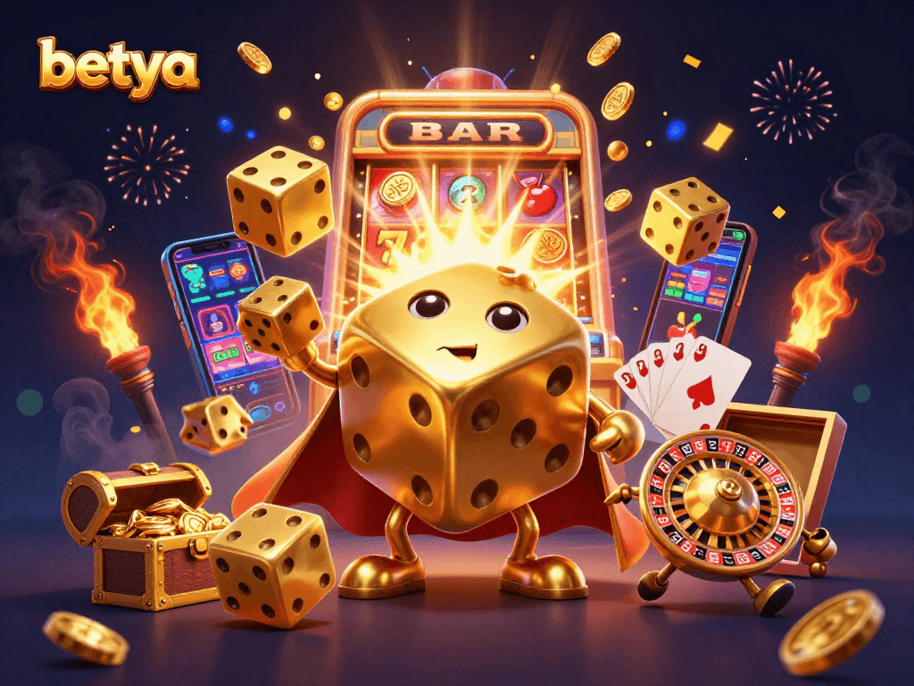 Experience the thrill of slots with betya's lively jackpot scene featuring golden dice and vibrant symbols.