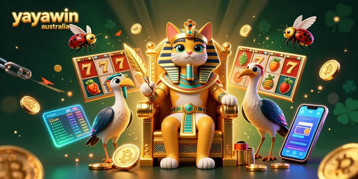Experience the excitement of yayawin australia with vibrant pokies and a fantasy scene featuring a regal cat and scribe.