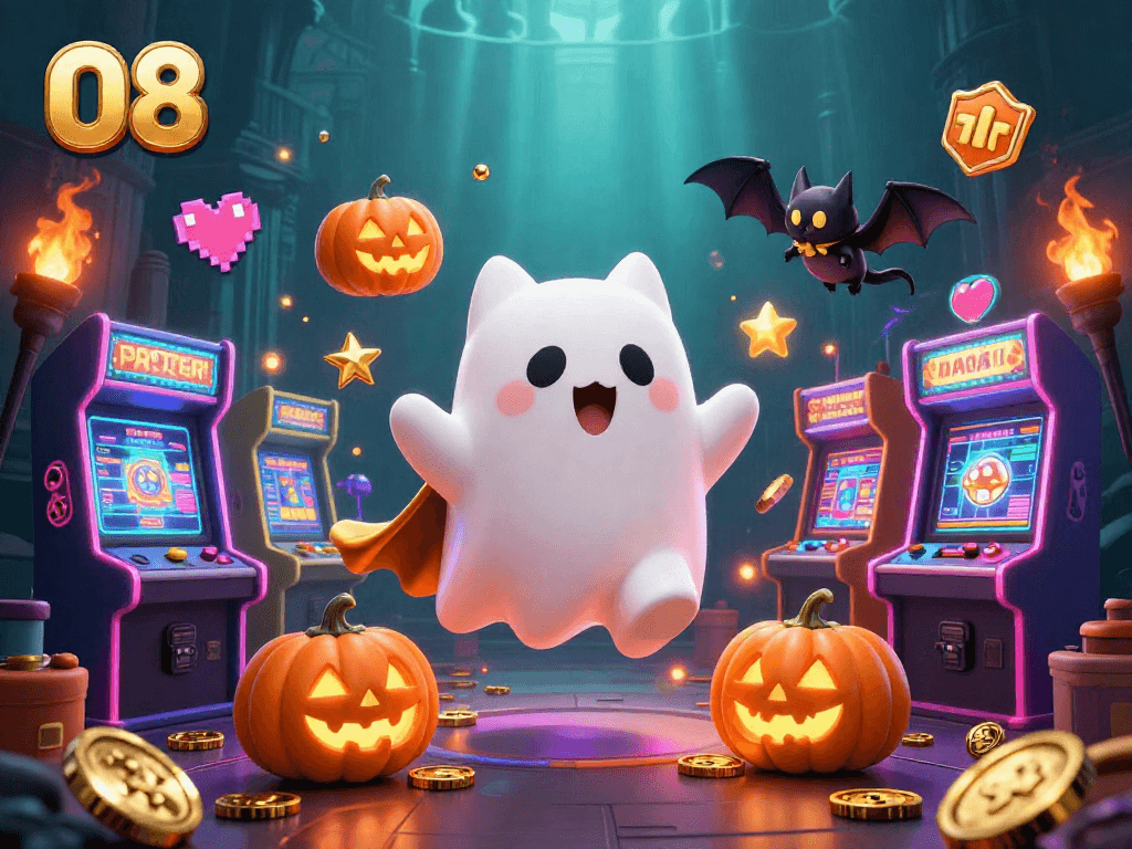 Play thrilling games at O8 with a friendly ghost cat and vampire bat amidst vibrant casino elements.