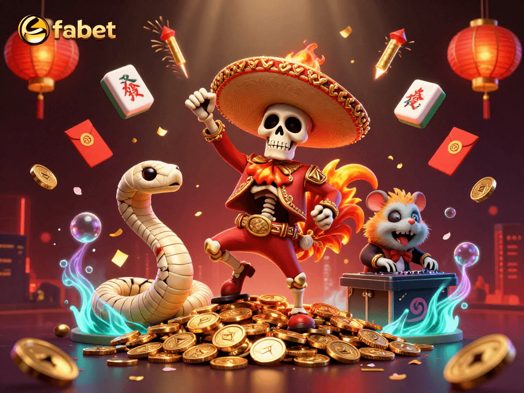 Fabet's vibrant casino scene features a jubilant mariachi rooster dancing on coins.