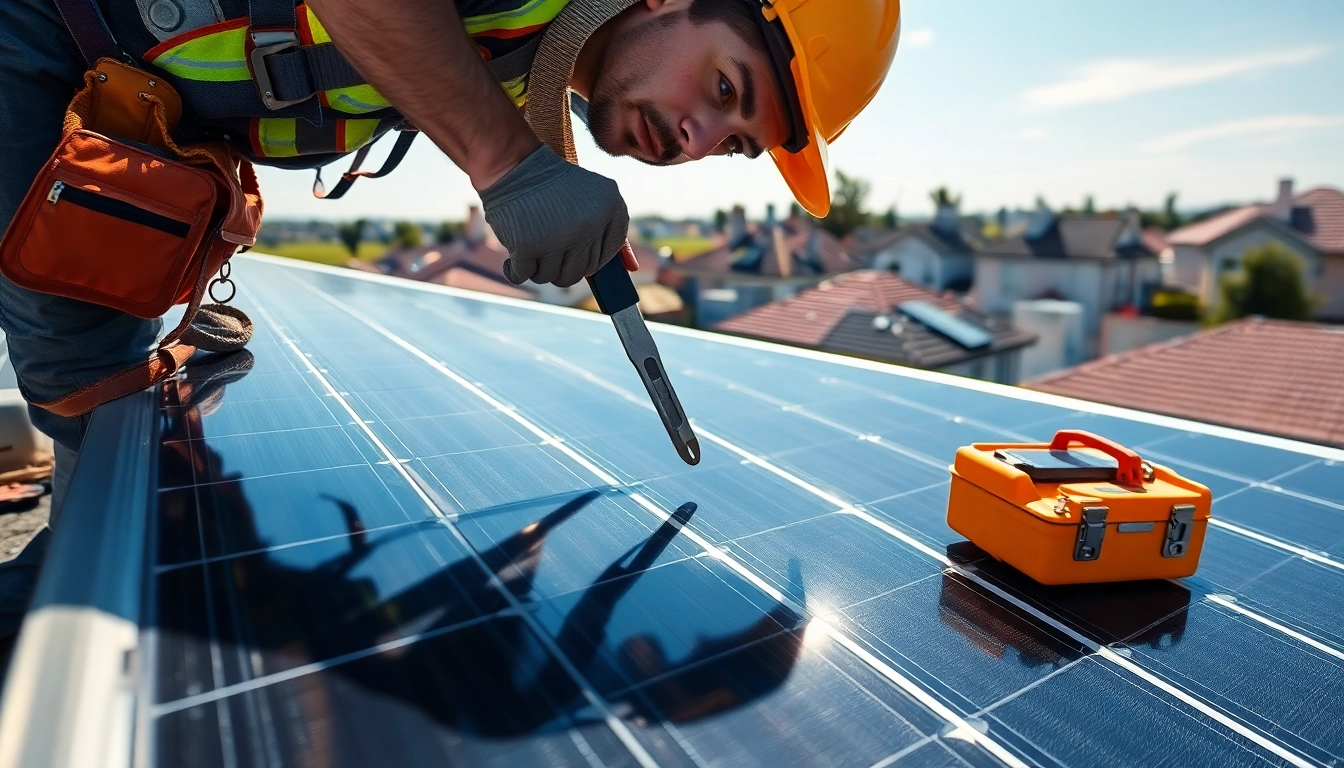 Technician conducting emergency solar panel repair amidst suburban rooftops.