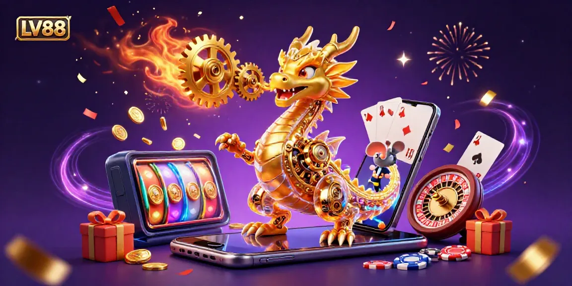 Experience the thrill of LV88 with a golden dragon and vibrant slot game elements.