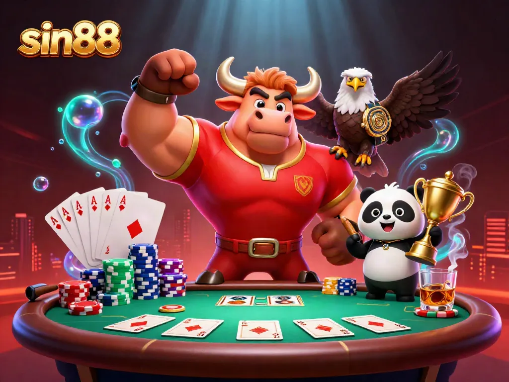 sin88 players enjoying a vibrant casino scene with dynamic game elements and energetic characters.