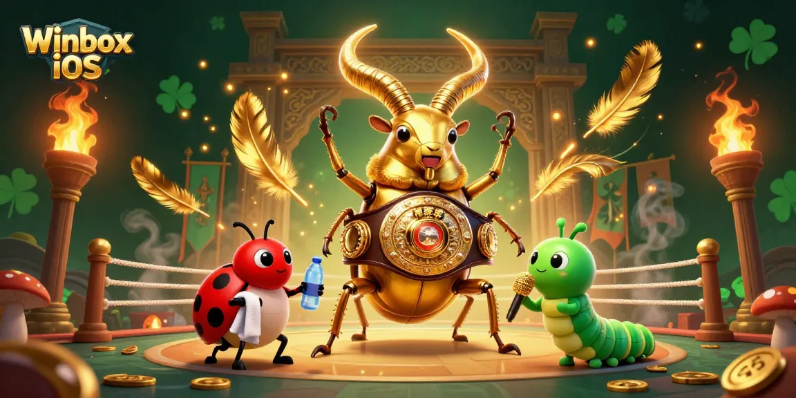 Engage with Winbox iOS through a vibrant 3D scene featuring a giant golden beetle boxing champion in a casino arena.