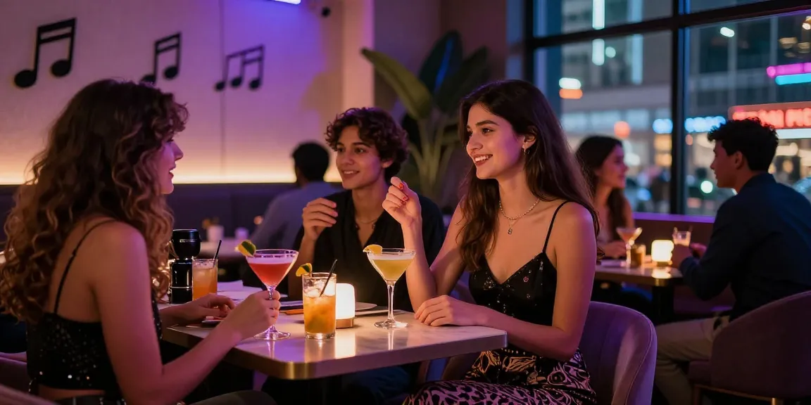 Gái gọi phong cách đang vui vẻ trong quán bar cao cấp, thể hiện không khí sôi động của đêm.