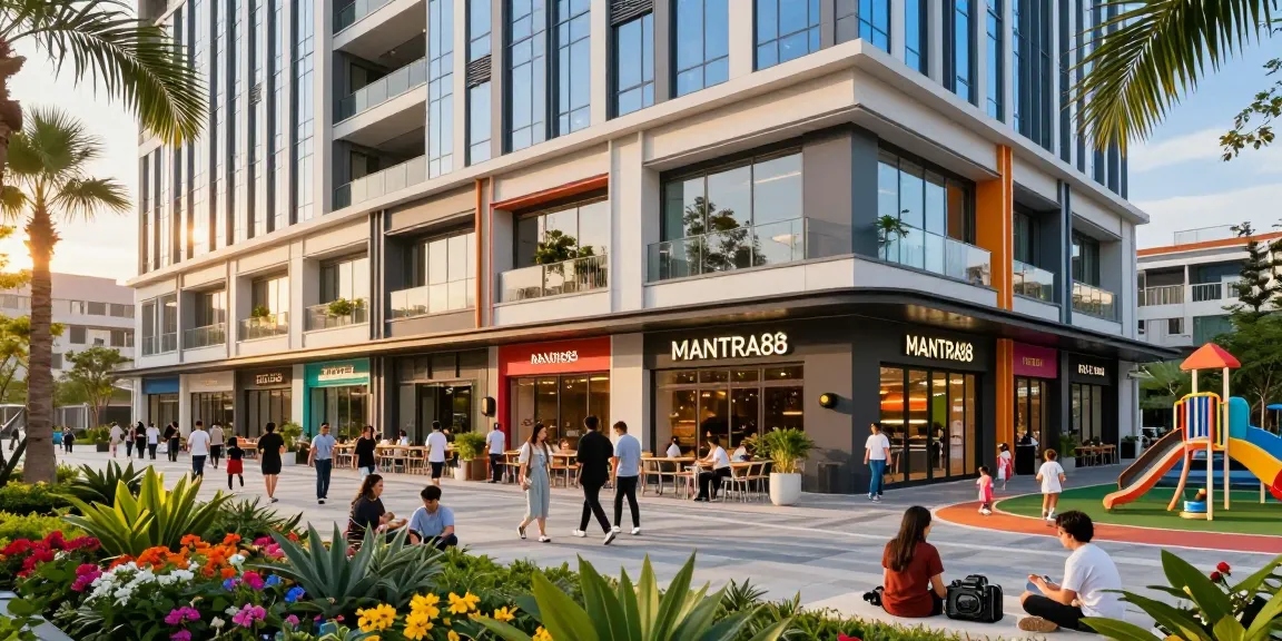 MANTRA88 modern commercial property showcasing vibrant storefronts and lively community interaction.