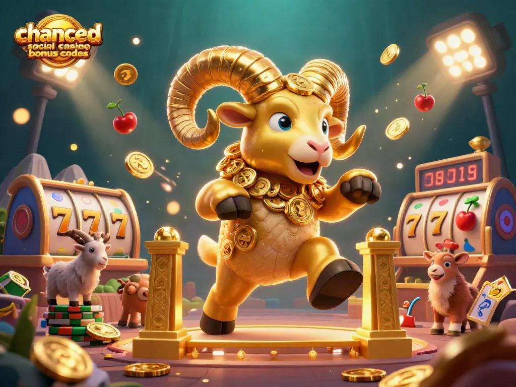 Engage with chanced social casino bonus codes in this vibrant 3D illustration of a golden ram charging through a casino backdrop.