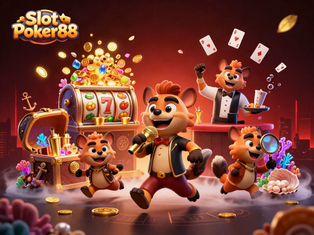Spin the reels at Slot Poker88 with lively hyenas in a vibrant casino setting, featuring fun characters and exciting game elements.