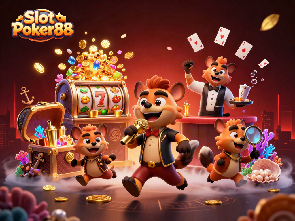Spin the reels at Slot Poker88 with lively hyenas in a vibrant casino setting, featuring fun characters and exciting game elements.