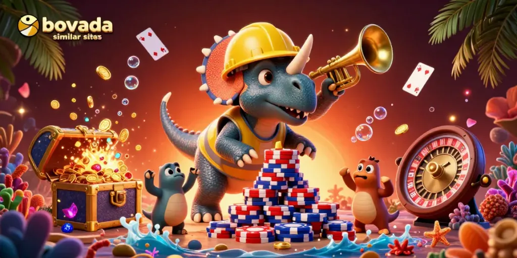 Engage with Bovada similar sites featuring a triceratops and parasaurolophus in a vibrant casino scene.