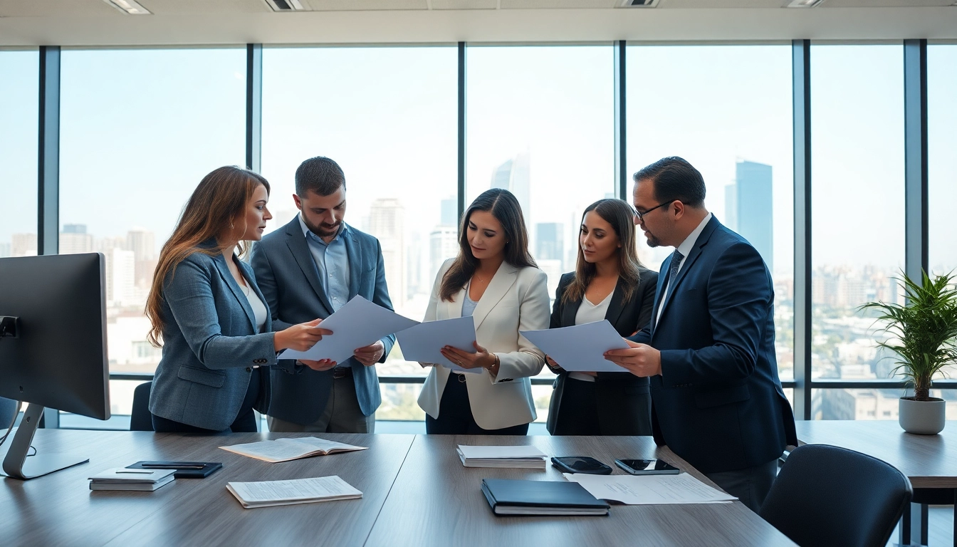 Engaging professionals discussing multi-state title and escrow services in a modern office environment.