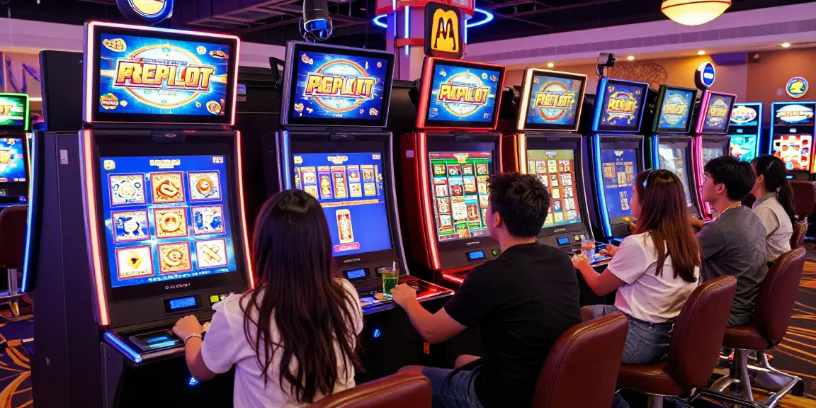 Group of friends excitedly playing PG SLOT machines in a lively casino environment.