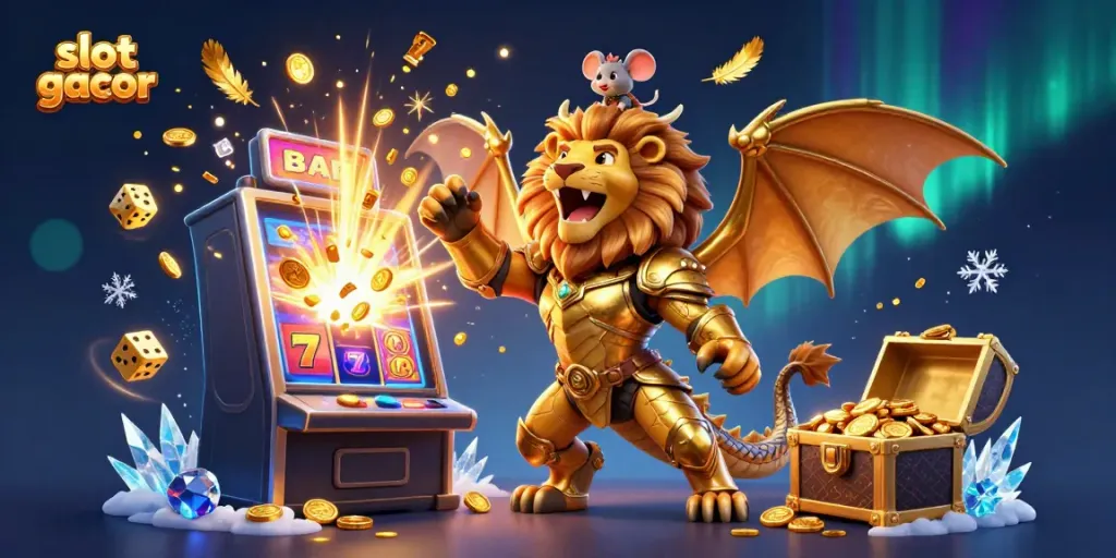 Engage with slot gacor action featuring a chimera, dynamic slot machine, and vibrant casino elements.