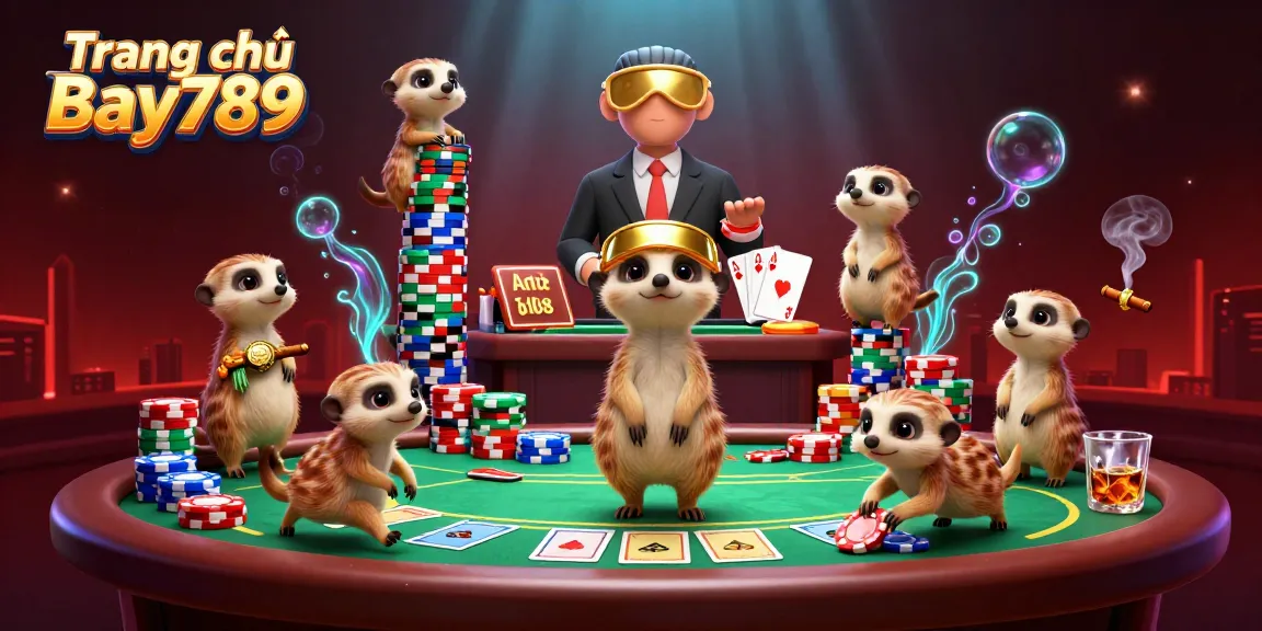 Immerse yourself in Trang chủ Bay789's vibrant casino scene featuring charming meerkats managing games of chance.