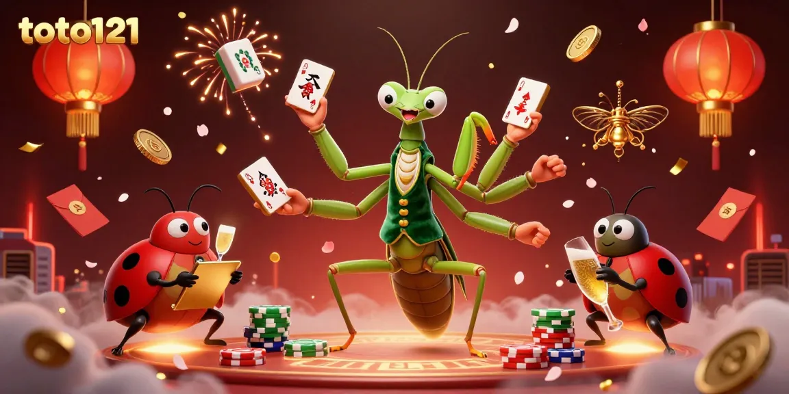 toto121 casino scene with a giant mantis card sharp and ladybug pit boss amid vibrant game elements