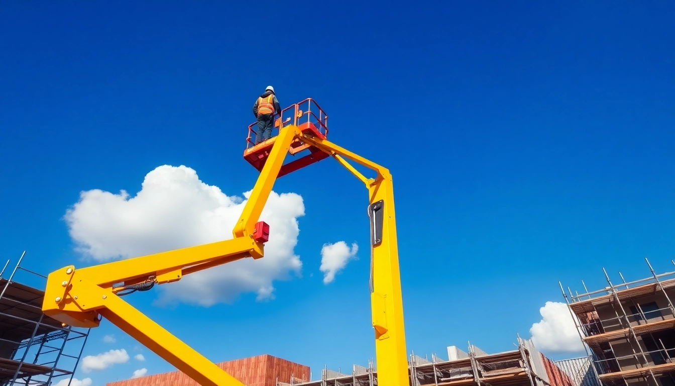 Worker using cherry picker for high elevation tasks on a construction site.