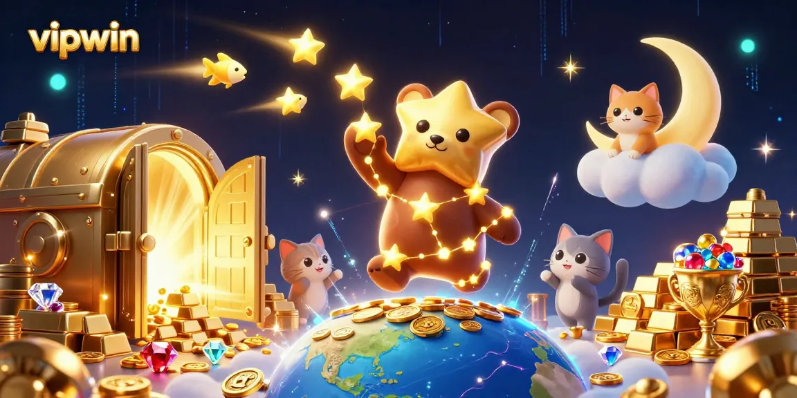 Engage with vipwin's vibrant 3D casino illustration featuring golden treasures and starry companions.