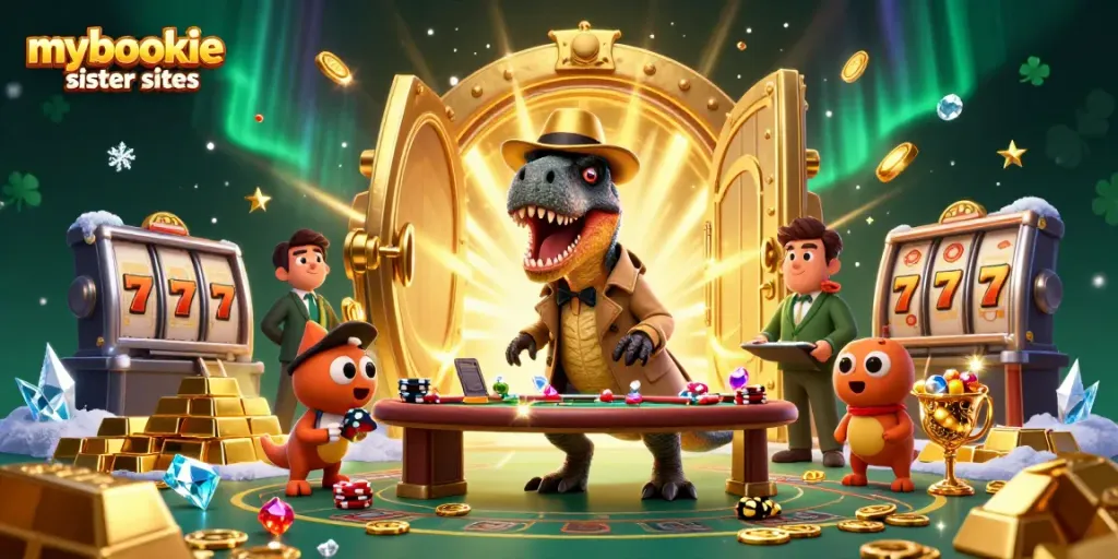 Explore mybookie sister sites with velociraptor card counter and stegosaurus pit boss at a vibrant casino scene.