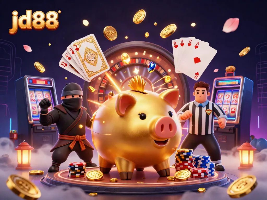 Experience thrilling wins with jd88's engaging gambling atmosphere, featuring golden elements and dynamic characters.