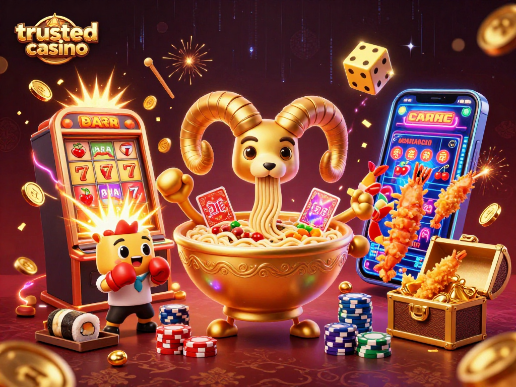 Engaging scene of a trusted casino featuring a giant ramen bowl dealer, cards, chips, and vibrant slot machines.