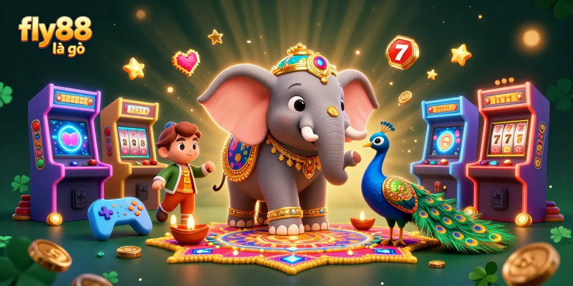 Experience the excitement of Fly88 là gì with vibrant 3D casino illustration, featuring festive characters amidst gaming action.