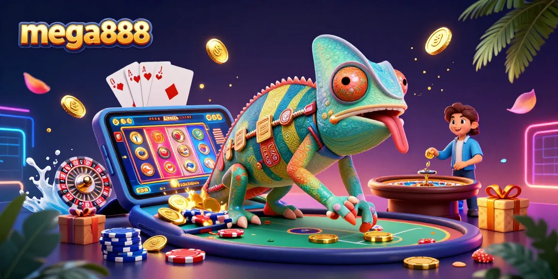 win big at mega888 with vibrant slots and engaging casino elements featuring a lively chameleon.