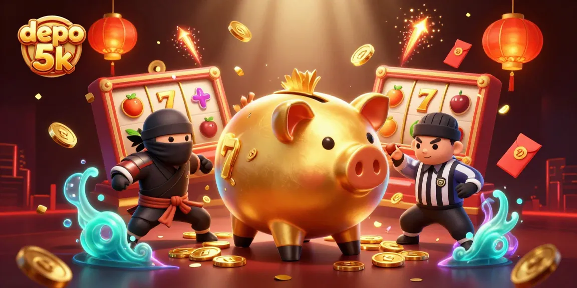 Experience the excitement of depo 5k slots with a dynamic action scene featuring magical gambling elements.