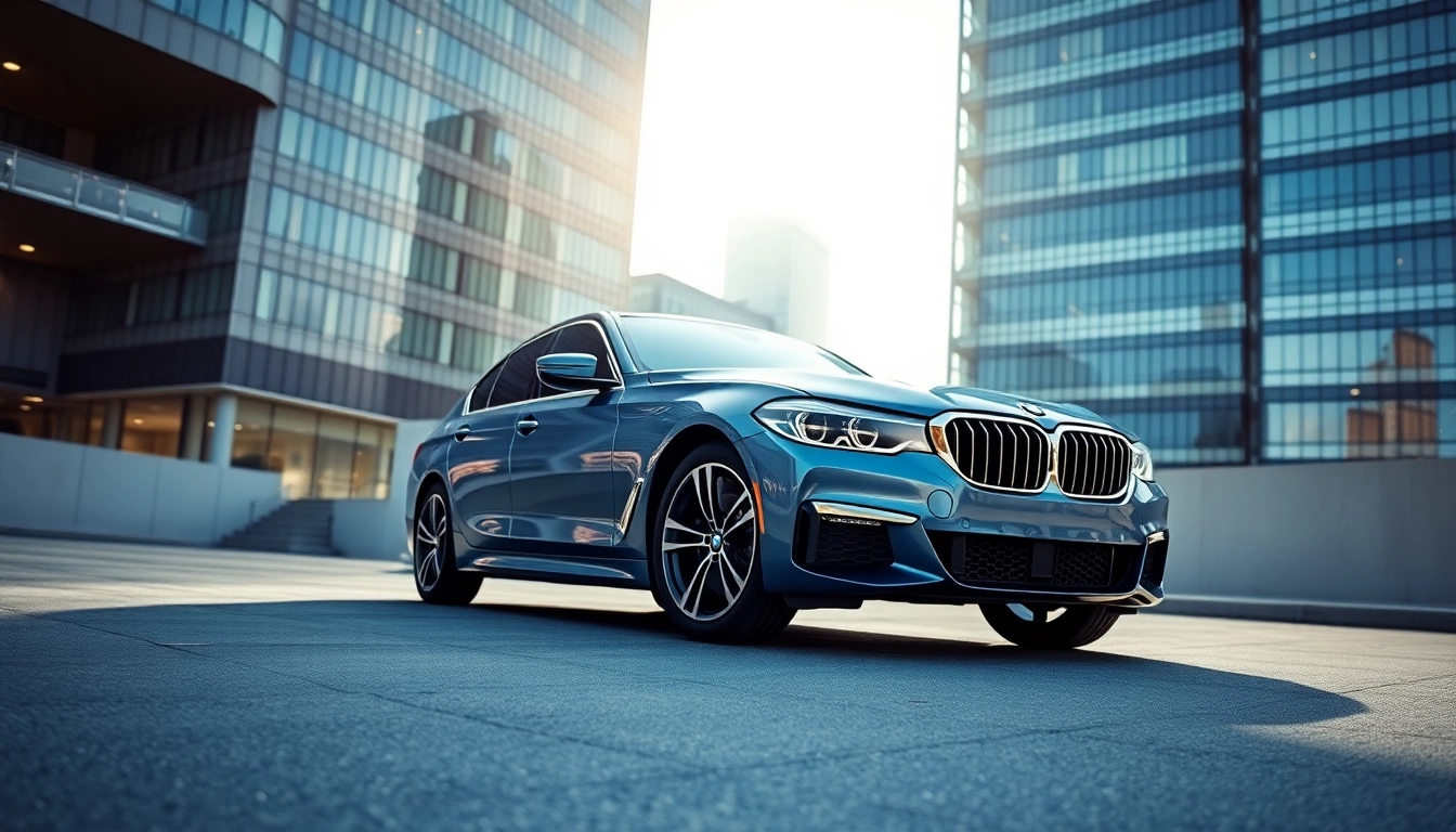 Luxury BMW car parked in an upscale urban environment, showcasing its elegance and design.