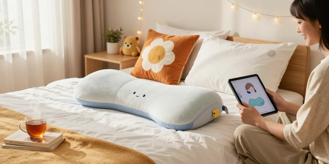 A person smiles while showing their custom body pillow design in a bright, cosy bedroom setting.