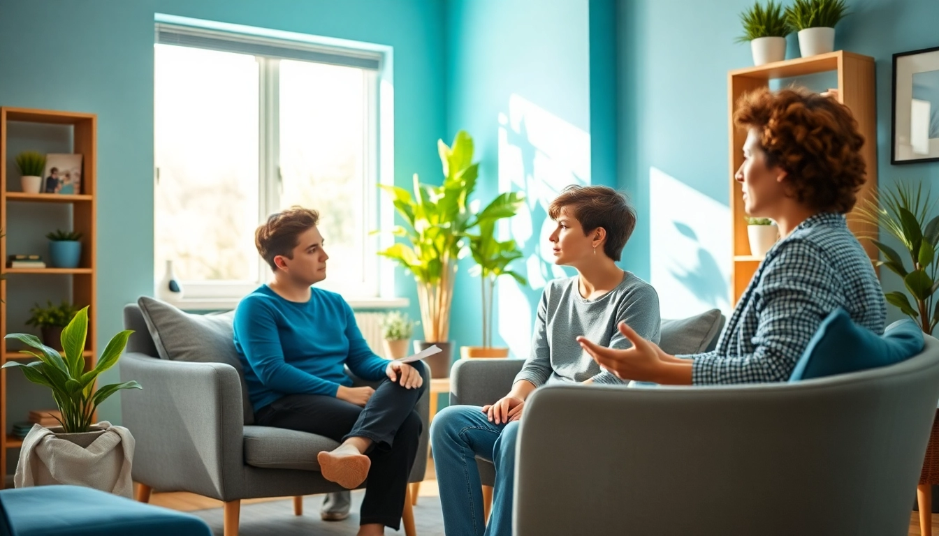 Empathetic ADHD Therapist engaging with a client in a warm therapy room.